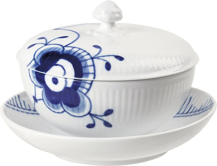 Royal Copenhagen Blå Mega Rifle Skål Med Låg Og Underkop 38 Cl